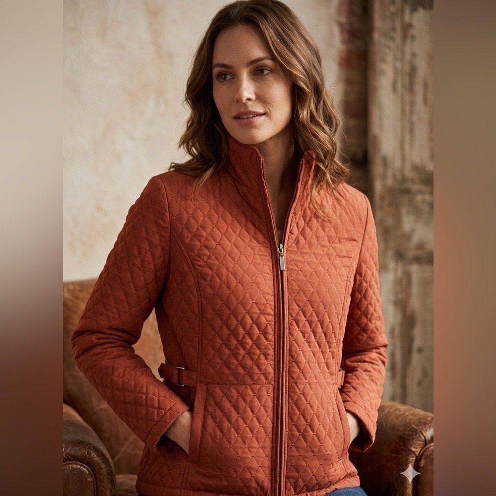 Giacca‎ Rust Quilted Diamond Stitch Lightweight Zip Jacket Side Buckles Large - Picture 11 of 13